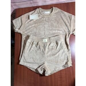 Forever French Child Terry Short Set Tan 2 Piece Loungewear Size 10-12 Years NWT